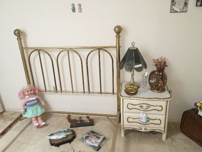 Full Size Brass Bed and Mid-Century Antique White Nightstand