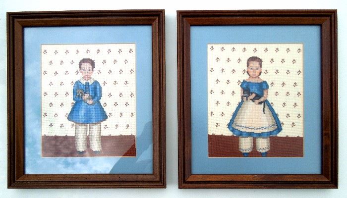 Pair Framed Edwardian Children Needlepoint