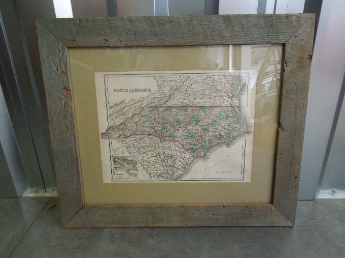 Early original framed map of NC with additional similar map of Virginia on back side.
