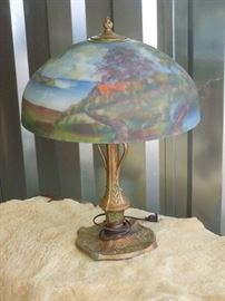 Antique Reverse Painted Bronze Base Arts and Crafts Period Lamp. VG+