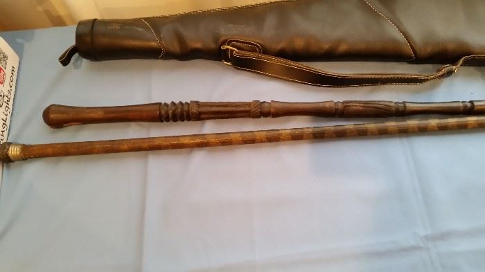 2 OLD carved walking canes- One sterling top with snake skin sides