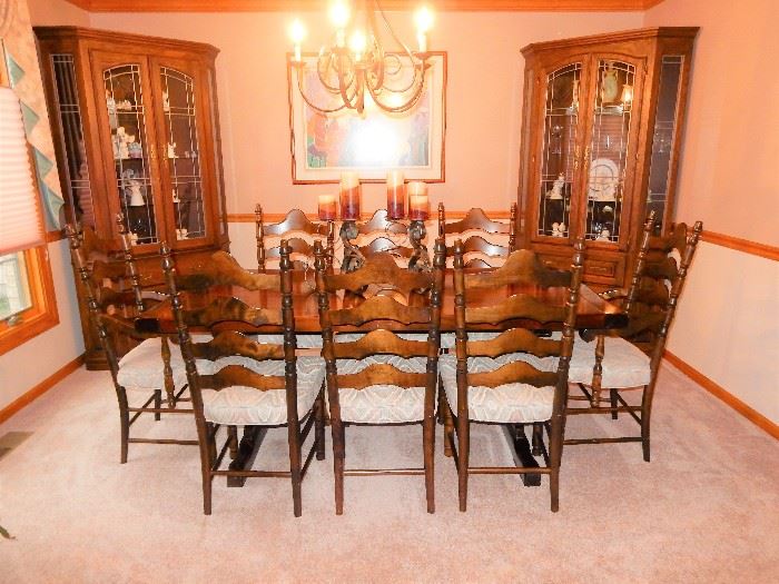 Farm/Harvest Style table with 8 Ladder Back Chairs, A matching pair of Corner Display cabinets