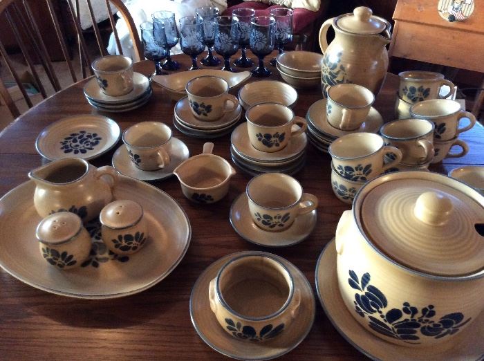 Pfaltzgraf dishes   soft brown with blue pattern plus blue water glasses