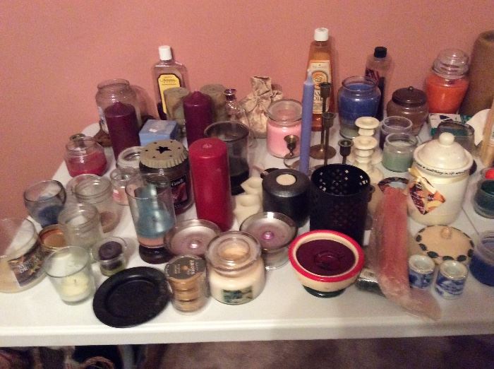 table full of candles, some used, some new   all great buys!!