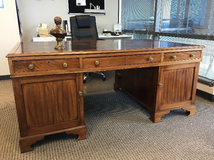 Antique English partners desk. 71.5" X 43". Good condition.  Has all hardware and keys.  Top lifts off two cabinet pieces. Paid $10,000 in 2002. $2300