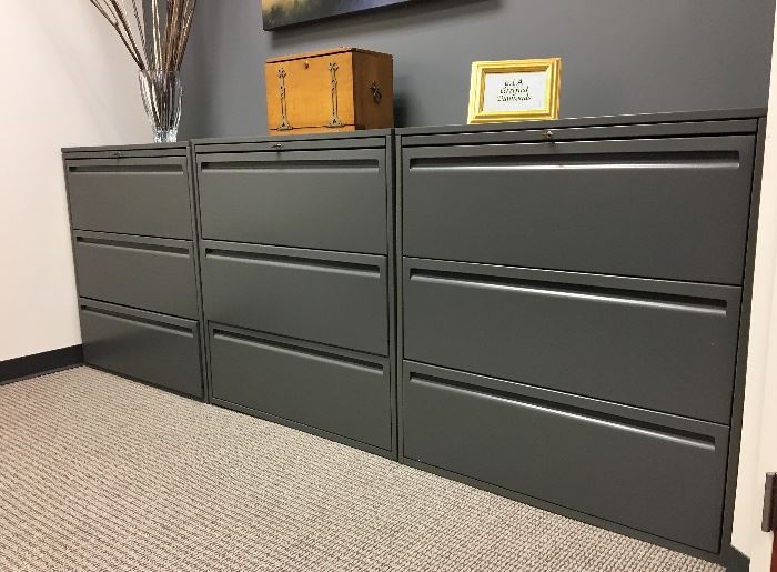 Haworth 3 drawer lateral filing cabinets with locks. Charcoal. 36" X 18" X 38.5" $200 each.
