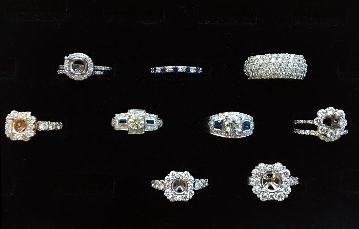 Assorted Rings and Semi-Mounts. With sapphires  and diamonds. In 14 karat gold.