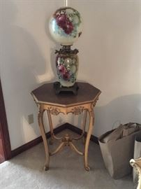 Lovely painted hurricane lamp and delicate French side table