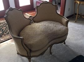French provincial love seat with down cushions