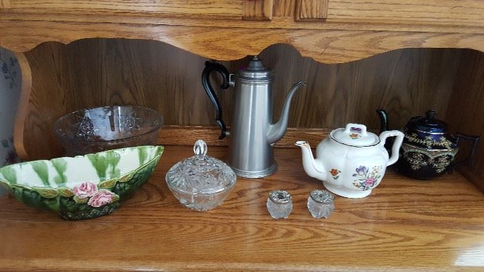 Here are a few of the tea pots and glassware items for sale, many additional items not pictured.