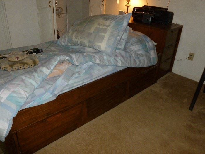 The bed..drawers under the bed and on the side of the headboard for storage
