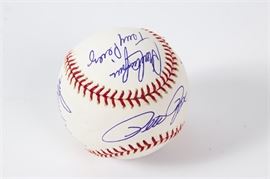 Big Red Machine 1975-1976 "Great Eight" Autographed Baseball: A Big Red Machine 1975-1976 “Great Eight” autographed baseball. It features signatures from Johnny Bench, Tony Perez, Joe Morgan, Dave Concepcion, Pete Rose, Ken Griffey, Cesar Geronimo, and George Foster. Each name is signed in blue ink. The ball comes with a Cincinnati Reds Hall of Fame certificate of authenticity. The Reds were the first National League team to win the World Series twice in a row since the New York Giants in the early 1920s.