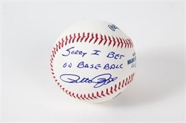 Pete Rose "Sorry I bet on baseball" Autographed Baseball: A Pete Rose “Sorry I bet on baseball” autographed baseball. It features the player’s name and apology signed in blue ink on a Rawlings official MLB ball. Includes a Classic Moments certificate of authenticity.