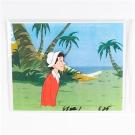 Bob Denver Signed 1970s "New Adventures of Gilligan" Animation Cel: A Bob Denver signed 1970s New Adventures of Gilligan animation cel. It depicts a hand painted drawing of Gilligan in a white hat and a red shirt on a clear plastic cel, with animation and shot numbers hand written on the lower margin. The cel is hand signed by the original Gilligan actor Bob Denver and set against a printed tropical background. Includes a Classic Moments Certificate of Authenticity on the reverse.