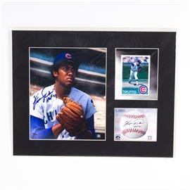 Fergie Jenkins Signed Chicago Cubs Lithograph: A Fergie Jenkins signed Chicago Cubs lithograph. It features an official MLB hologram-stamped image of Jenkins that has been hand signed by the player, an image of his baseball card, and an image of a baseball with a facsimile signature. All three are set in a black, partitioned matting and protected by a clear plastic sleeve. This piece is numbered 26/5000 and includes Toon Art Inc. and Classic Moments certificates of authenticity.