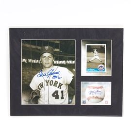 Tom Seaver Signed New York Mets Lithograph: A Tom Seaver signed New York Mets lithograph. It features an official MLB hologram-stamped image of Seaver that has been hand signed by the player, an image of his baseball card, and an image of a baseball with a facsimile signature. All three are set in a black, partitioned matting and protected by a clear plastic sleeve. This piece is numbered 120/5000 and includes Toon Art Inc. and Classic Moments certificates of authenticity.