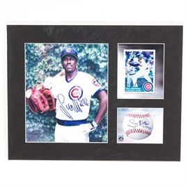 Gary Matthews Signed Chicago Cubs Lithograph: A Gary Matthews signed Chicago Cubs lithograph. It features an official MLB hologram-stamped image of Matthews that has been hand signed by the player, an image of his baseball card, and an image of a baseball with a facsimile signature. All three are set in a black, partitioned matting and protected by a clear plastic sleeve. This piece is numbered 60/5000 and includes Toon Art Inc. and Classic Moments certificates of authenticity.