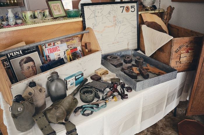 WWII military gear, sad irons, wooden typewriter box, Kennedy magazines 