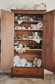 Armoire with Glassware, Depression Glass, Hand-painted china