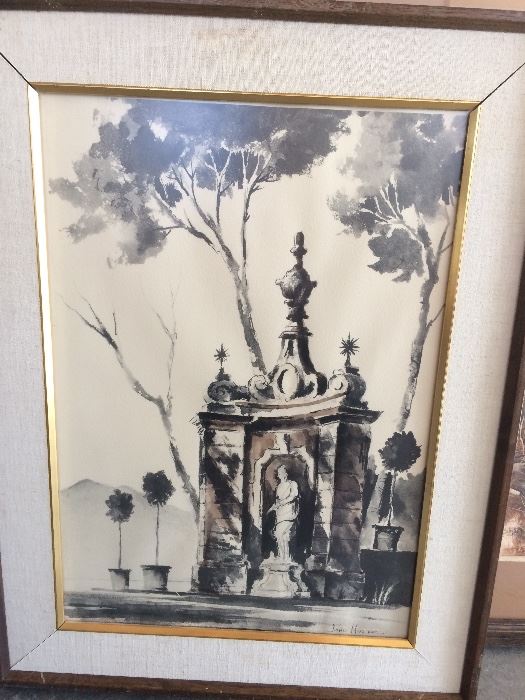 Neat mid century architectural watercolor litho