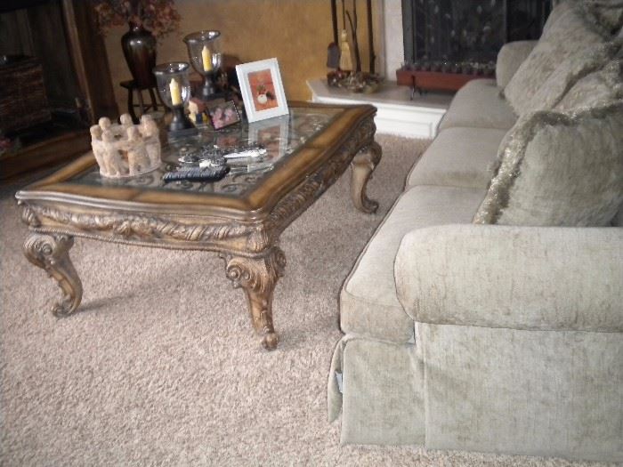 Bernhardt Sofa, Glass top coffee table and matching end table (table top deco subject to availability)