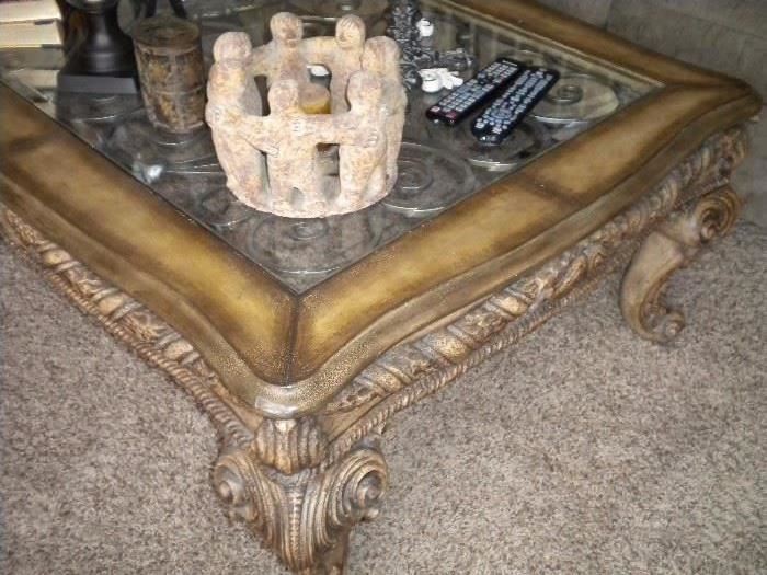 Beautiful Glass top coffee table, with matching end table. Deco on top subject to availability.
