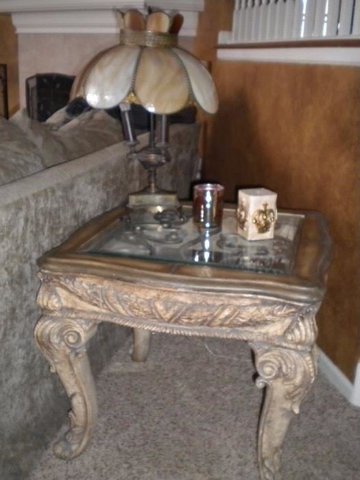 Glass top coffee table and Antique tiffany lamp