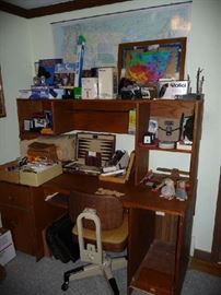DESK, CAMERA GEAR, PLAYING CARDS, DESK CHAIR