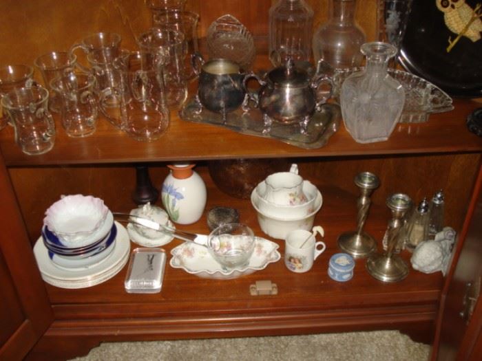 silver plate, decanters, candlesticks