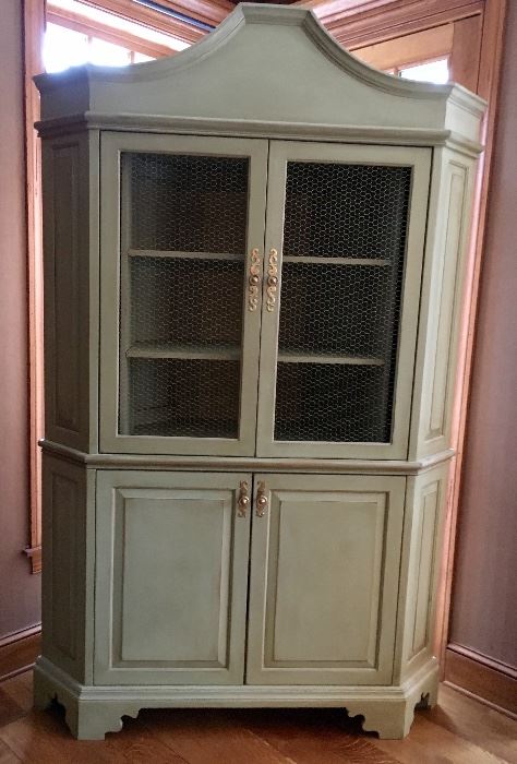 French custom painted corner cabinets with chicken wire. Set of 2