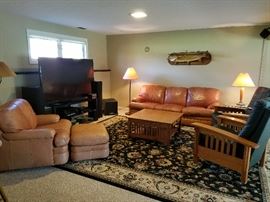 Flexsteel Leather Sofa, Chair & Ottoman. 2 Reclining wood & leather chairs, all purchased from Macy's. 70" Vizio Smart Tv. Modern components.