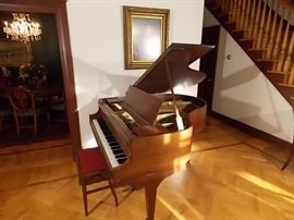 Wurlitzer baby grand piano "John W. Myers", 4'11" and red seat orchestra bench w/storage