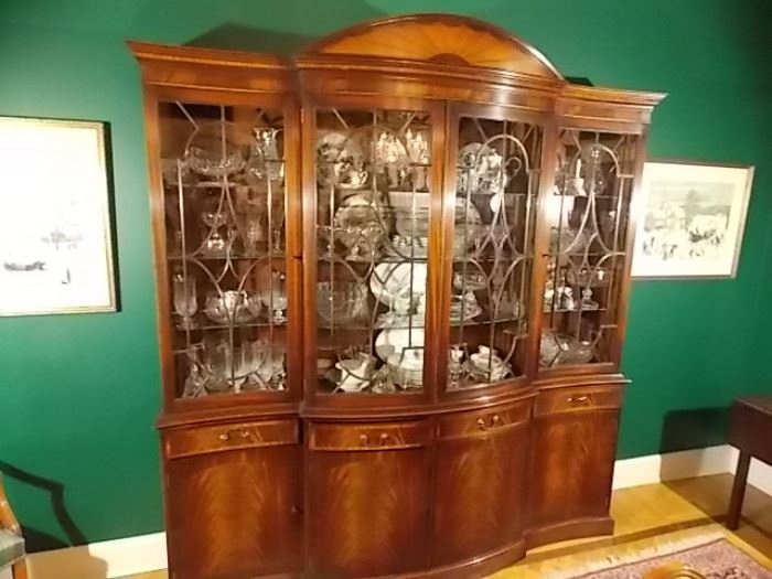 LIGHTED QUAD CHINA CABINET 84"L X 90h X 18" DEEP BY "BEVAN FUNNEL LTD" AND GRANDMA MOSES PRINTS ON BOTH SIDS