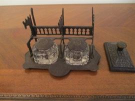 ANTQ DOUBLE LEADED GLASS INK WELLS ON METAL PEN RACK, UNUSUAL!