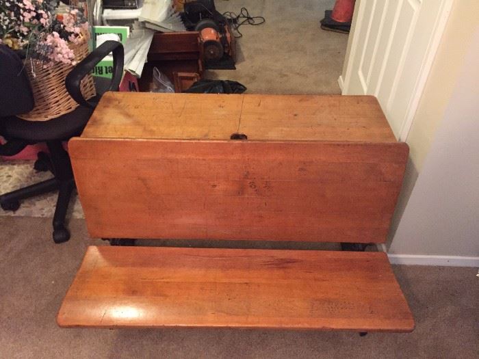 Double seat Children antique desk with ink well