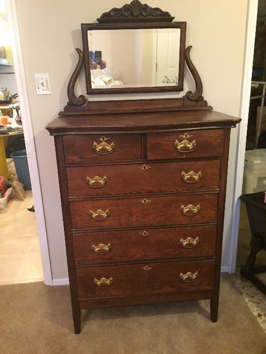 6 Drawer Antique Oak ladies Dresser Beveled Mirror 