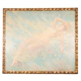 James Carroll Beckwith Oil Painting of Female Nude in Clouds: An oil painting on canvas by James Carroll Beckwith (American, 1852 – 1917). This ethereal image features a nude female in a slumber with flowers falling from her blonde hair, her legs draped in cloth, her body levitating against a background of clouds and blue sky. Signed at lower right. Housed in a gilt wood framed with carved leaf and berry design.