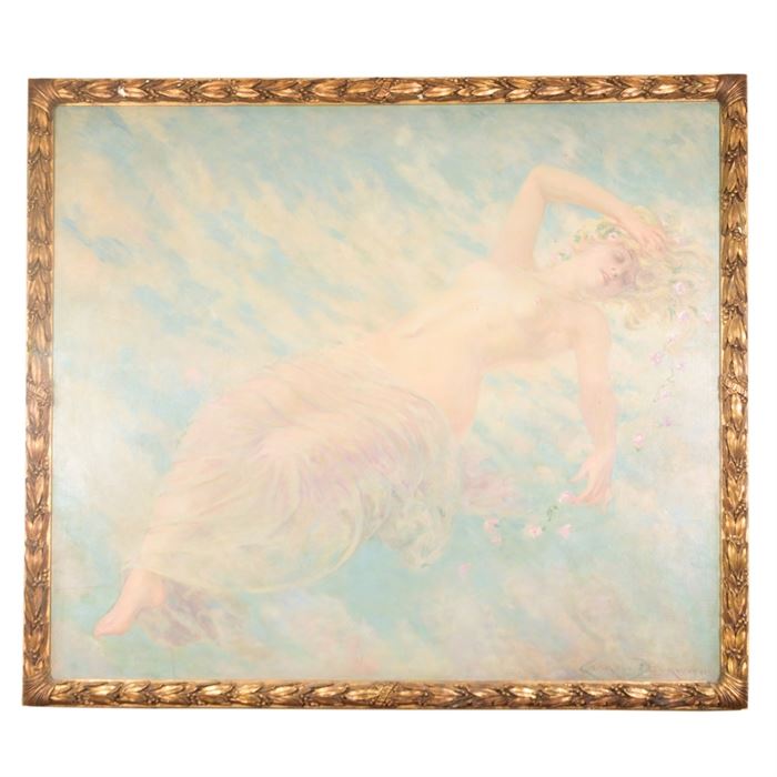 James Carroll Beckwith Oil Painting of Female Nude in Clouds: An oil painting on canvas by James Carroll Beckwith (American, 1852 – 1917). This ethereal image features a nude female in a slumber with flowers falling from her blonde hair, her legs draped in cloth, her body levitating against a background of clouds and blue sky. Signed at lower right. Housed in a gilt wood framed with carved leaf and berry design.