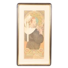 Alphonse Mucha Lithograph Poster "Bruyère des Falaises": An Alphonse Mucha (1860 – 1939) lithograph poster titled Bruyère des Falaises (Heather from Coastal Cliffs). THe Art Nouveau poster depicts a young woman in black frock and white bonnet, her back to the viewer and facing right, with a handful of flowers. The background is composed of graphic patterns in bright colors. Signed in plate. Linen matted and framed under glass with hanging wire to back.