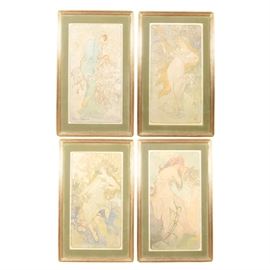 Alphonse Mucha Lithograph Poster "The Seasons": A group of Alphonse Mucha (1860 – 1939) lithograph posters titled The Seasons: Winter, Spring, Summer, Autumn. The Art Nouveau prints depict females representing one of each of the season. Signed to plate. Each is lined with green velvet and framed under glass with hanging wire to back.