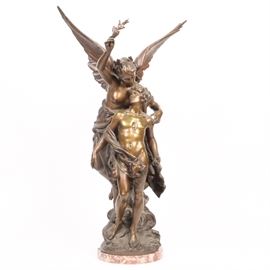 Mathurin Moreau Bronze Sculpture "Immortality": A bronze sculpture by Mathurin Moreau (French, 1822-1912), titled Immortality (l’immortalité) or “Orpheus Greeted on Olympus by the Genius of Fame.” The work depicts an angel descending upon a nude Orpheus, each draped only in cloth, the angel wearing a laurel crown and holding a branch over his head. Marked in mold “Moreau Math., Hors Concours” and “Copyright 1904 By Lapointe.” Mounted on a marble base.