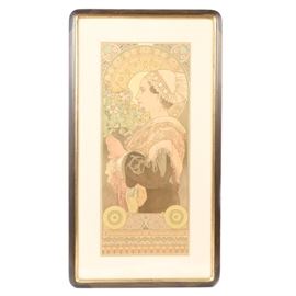 Alphonse Mucha Lithograph Poster "Chardon de Grève": An Alphonse Mucha (1860 – 1939) lithograph poster titled Chardon de Grève (Thistle of the Shore). The Art Nouveau poster depicts a young woman in a black frock and white bonnet, facing left, with a handful of thistle. The background is composed of graphic patterns in bright colors. Signed in plate. Linen matted and framed under glass with hanging wire to back.