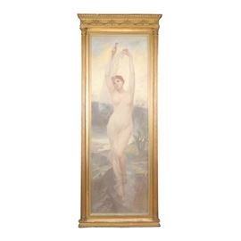 Large Scale Signed Art Nouveau Oil Pastel: A large scale oil pastel. This image features a female nude draped in a sheer cloth, one hand holding the end of the drapery and the other hand clutching a scroll. She appears to levitate above a rocky terrain with a lake and mountain in the background under a glowing yellow sky. The medium most closely resembles oil pastel from what can be gathered from observation through the hazy glass. It is signed indecipherably, possibly Edgar, and dated 1900 to the lower left. The piece is housed in a gilt wood frame with reeded column pilasters at each side and neoclassical molding at top. There are hanging rings at back.