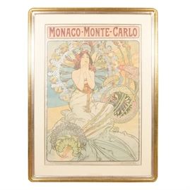 Alphonse Mucha Lithograph Poster "Monaco - Monte Carlo": A large Alphonse Mucha (1860 – 1939) lithograph poster titled Monaco – Monte Carlo. This railway poster depicts a young woman kneeling at center with her hands at her face with gaze up in awe, her draped body surrounded by lilacs, violets, hydrangea, and dianthus flowers. In the distant background are the towers of Monte Carlo’s famous casino. Printed by F. Champenois, Paris, signed and dated in plate. The work is presented under a linen mat and framed under glass with hanging wire to back.
