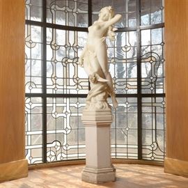 Rafaello Battelli Marble Statue of Diana: A marble statue by Rafaello Battelli (Italian, 19th century). This statue depicts the nude figure of Diana draped in a sash leaning on a crescent moon and wearing a star on her forehead. Marked “R. Battelli” at the back. The statue and pedestal are separate pieces.