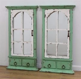 Lot 44: Pair Folk Art Green Painted Window Mirrors
