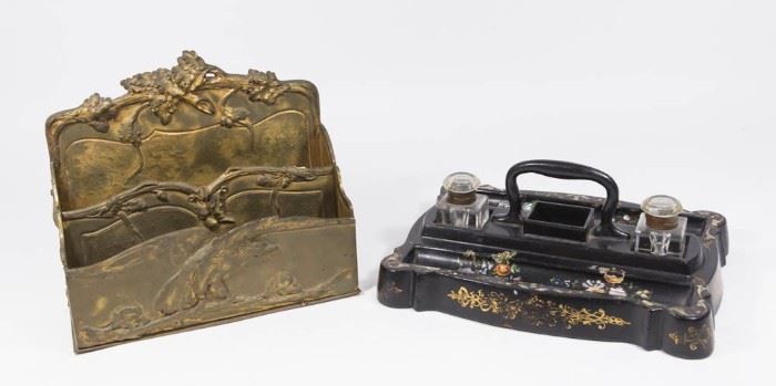 Lot 113: Gilt Bronze Letter Holder and Black Lacquer & Mother of Pearl French Desk Set