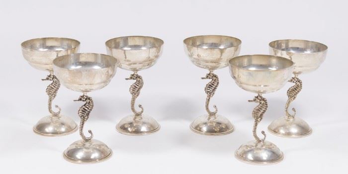 Lot 266: Set 6 Sterling Silver Shrimp Cocktail Cups with Seahorse Bases