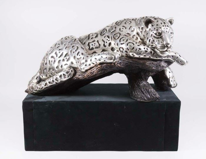 Lot 331: Silvered Bronze Sculpture, Leopard on a Branch