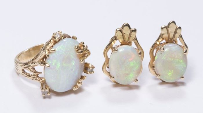 Lot 235: 14K Yellow Gold & Opal Ring & Earrings
